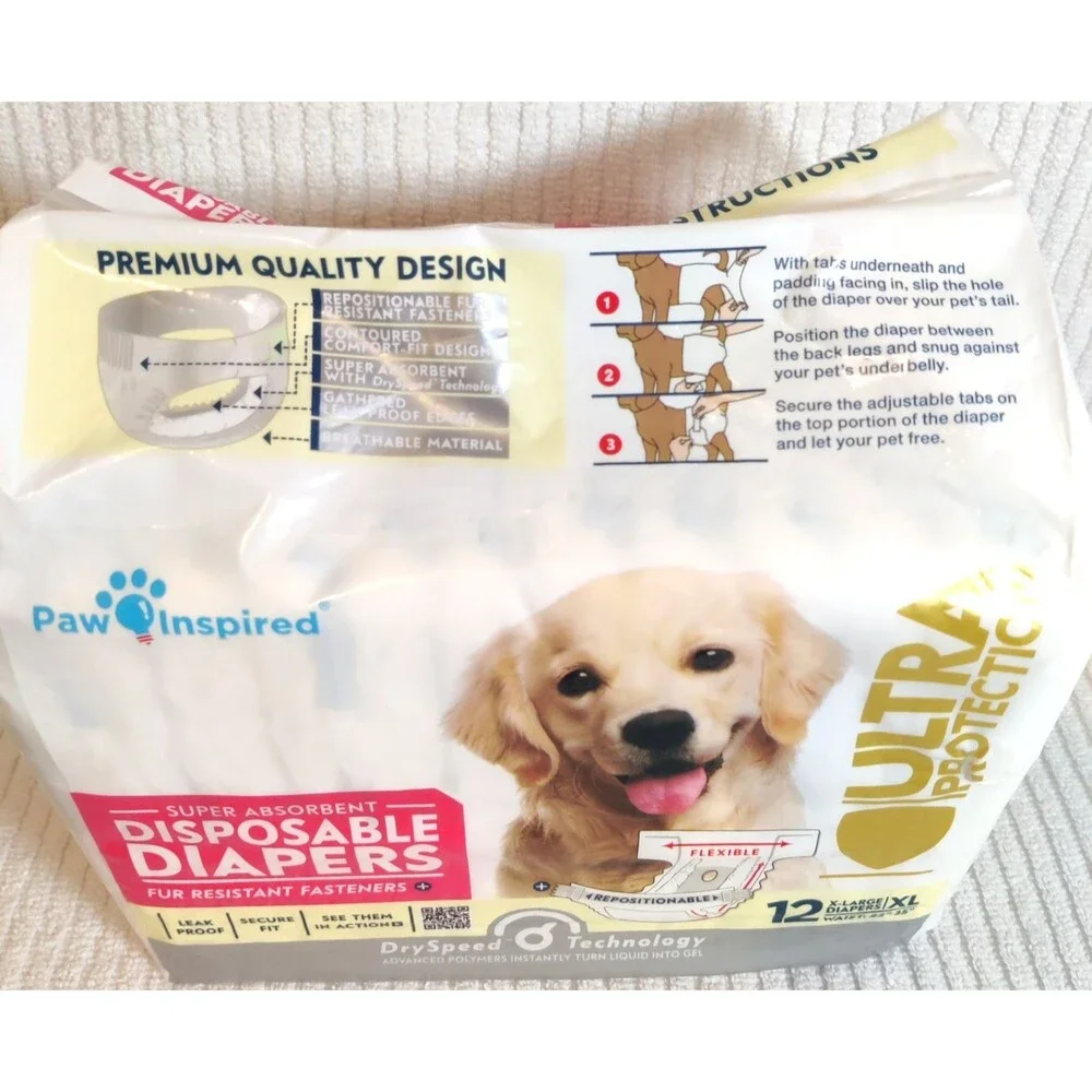 Paw Inspired Dog Diapers Female 12ct,Disposable, Dogs in Heat, Excitable XL -NEW